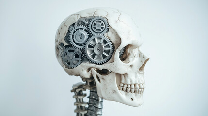 human brain profile with gears inside head. illustration of thinking mechanically like a robot in a linear thought system. isolated on light blue background
