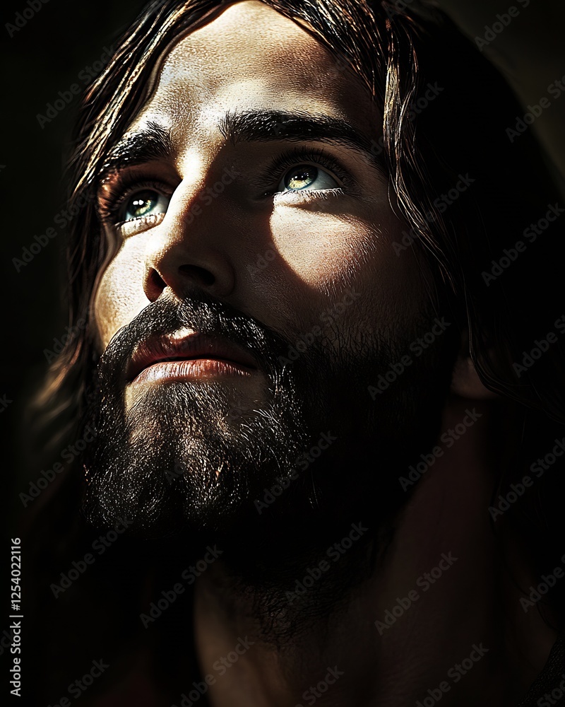 Poster intense portrait of a man with a well-groomed beard gazing upwards with a strikingly serious look : 