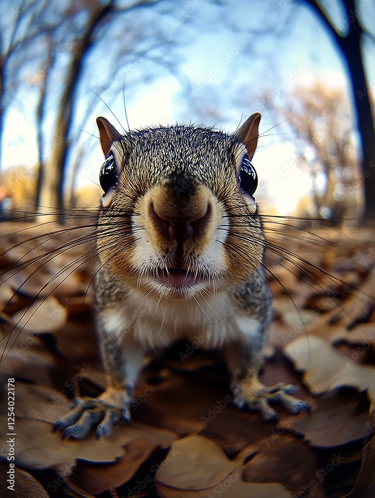 Poster adorable grey squirrel looking directly at camera surrounded by autumn foliage in the park : generat