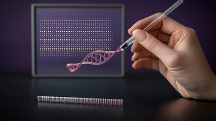 Close-up of a hand manipulating a DNA strand model with a digital display in the background