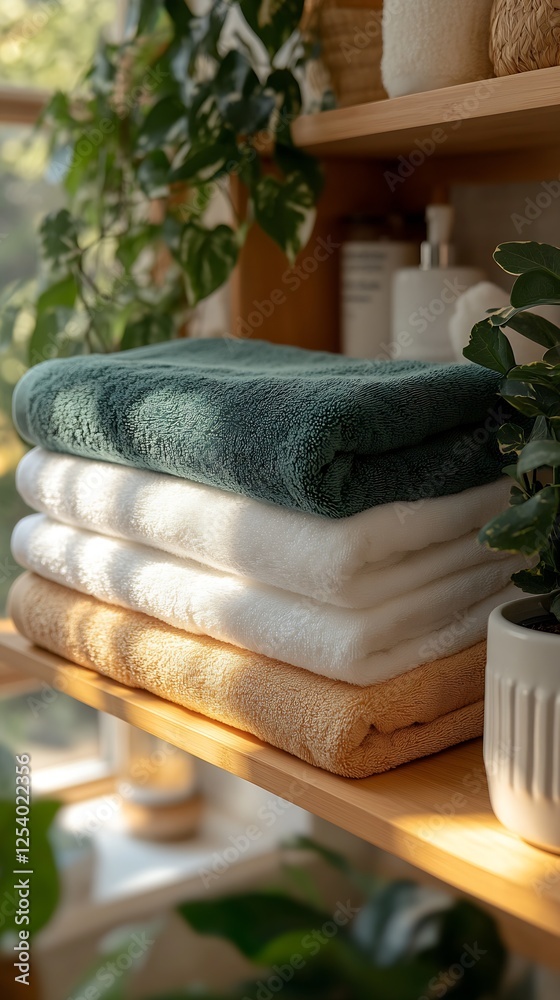 Poster beautiful stacked towels in soft tones on a wooden shelf with lush green surroundings : generative a