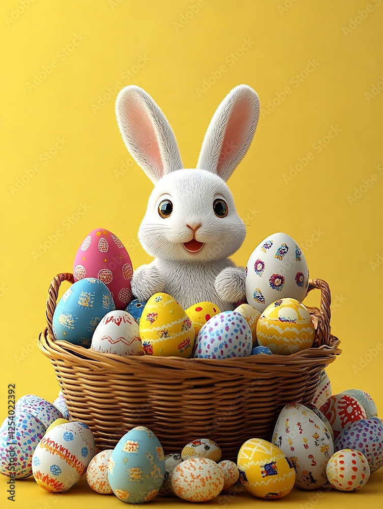 Poster charming fluffy rabbit with a gentle smile sitting in a basket surrounded by beautifully painted eas