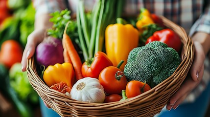 Fototapeta premium Freshly Harvested Colorful Vegetables in a Basket Held by a Person : Generative AI