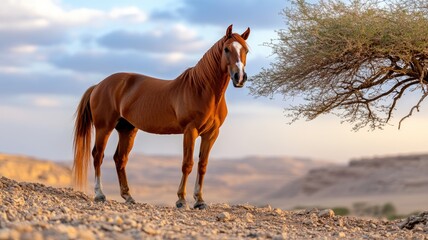 Obraz premium Majestic brown horse standing in desert landscape at sunset