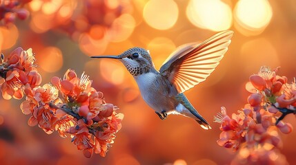 Naklejka premium Hummingbird hovering near orange blossoms at sunset; nature background, ideal for cards