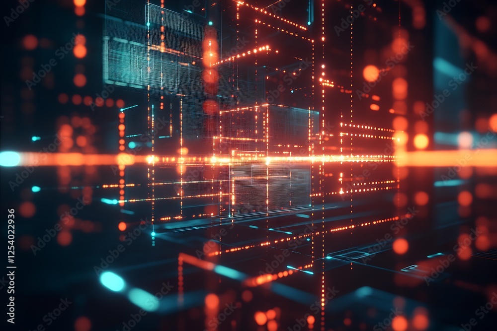 Poster Intricate futuristic digital environment with glowing visuals and data cubes illustrating modern technology concepts : Generative AI