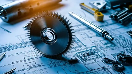 A finely polished aerospace turbine disk placed carefully over an aviation technical blueprint, surrounded by micro-calipers and other high-precision tools.