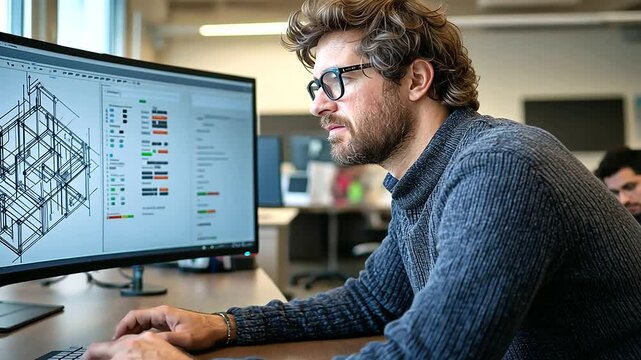 A focused structural engineer wearing a casual sweater leans forward, deeply engrossed in reviewing architectural blueprints on his ultra-wide curved computer screen.