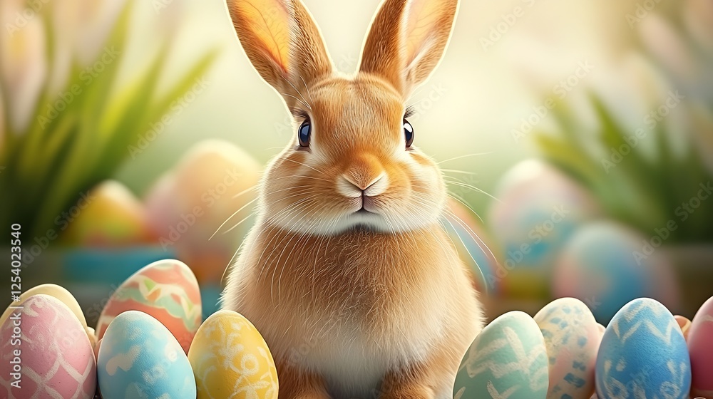 Aufkleber Sweet fluffy bunny surrounded by an array of intricately decorated Easter eggs in a lush setting : Generative AI