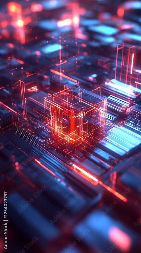 Aufkleber High-Tech Circuit Board with Dynamic Lighting and 3D Geometrical Patterns : Generative AI