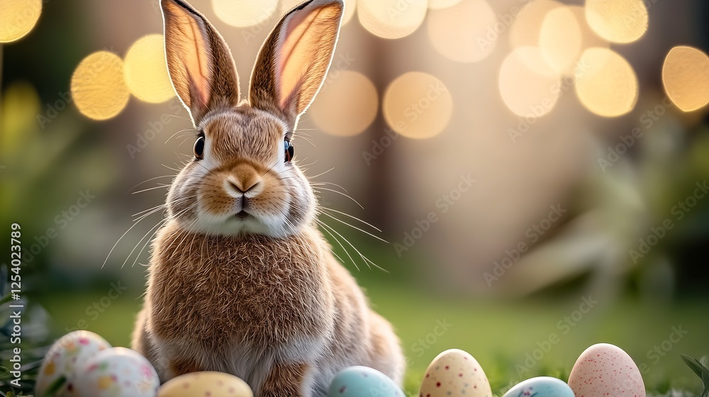 Aufkleber Adorable rabbit surrounded by colorful Easter eggs in a dreamy garden setting with soft bokeh lights : Generative AI