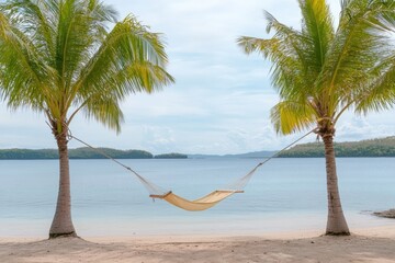 Relaxing hammock between palm trees on a serene beach, tranquil ocean view, peaceful getaway, tropical paradise, vacation retreat concept
