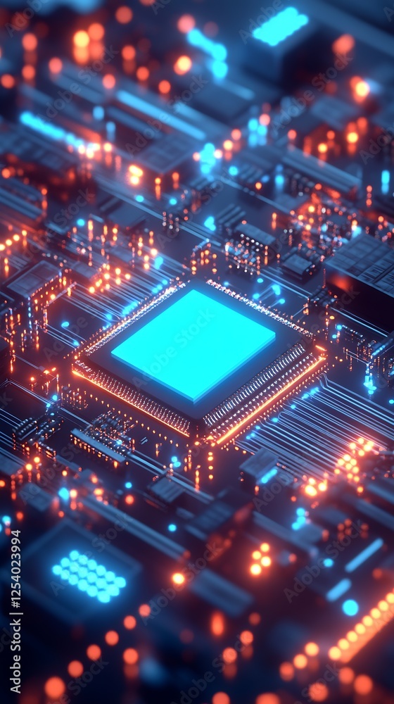 Poster Vibrant Close Up of a Complex Circuit Board with Bright Neon Colors and Intricate Details : Generative AI
