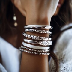 Closeup of a Woman's Arm Adorned with Stacked Silver Bracelets: A Stylish and Elegant Jewelry Ensemble