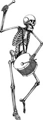 Black and white vector illustration of dancing skeleton beating drum