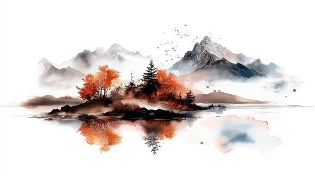 Tsagaan Sar. Serene mountain landscape with autumn trees and reflective watercolor lake