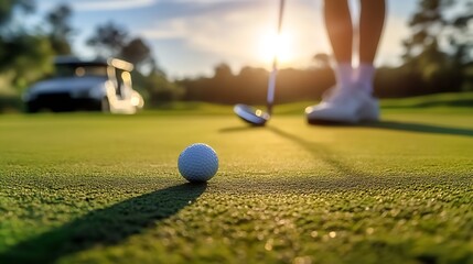 Close Up Capture of a Golf Ball Posing on the Green with a Golfer's Club in the Background During Sunset : Generative AI