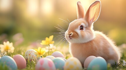 Sweet little rabbit with large ears happily sitting among pastel Easter eggs and blooming flowers outdoors : Generative AI