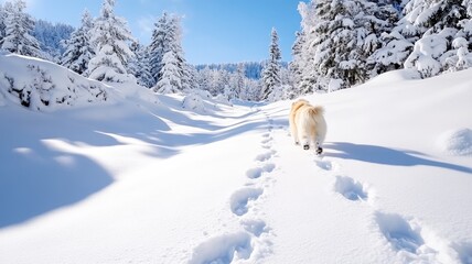 Dog walking through snowy winter landscape with trees