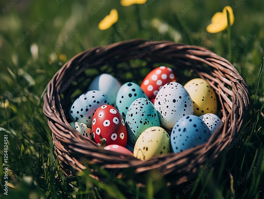 Poster Brightly colored Easter eggs with unique patterns nestled in a wicker basket on green grass : Generative AI