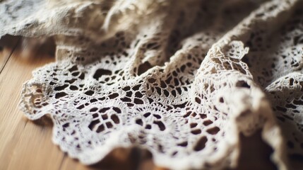 Obraz premium Close-up of intricate vintage lace fabric on wooden surface National Lace Day