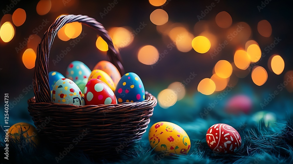 Poster Vibrant Easter Egg Display with Colorful Eggs in a Basket Surrounded by Glow : Generative AI