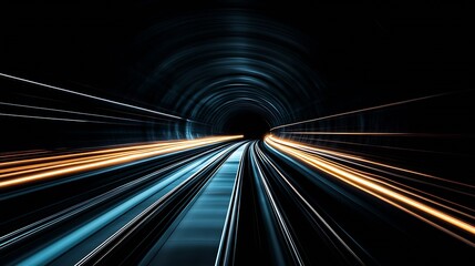 Fast-Paced Train Journey Through a Dark Tunnel Highlighting Light Trails and Motion : Generative AI