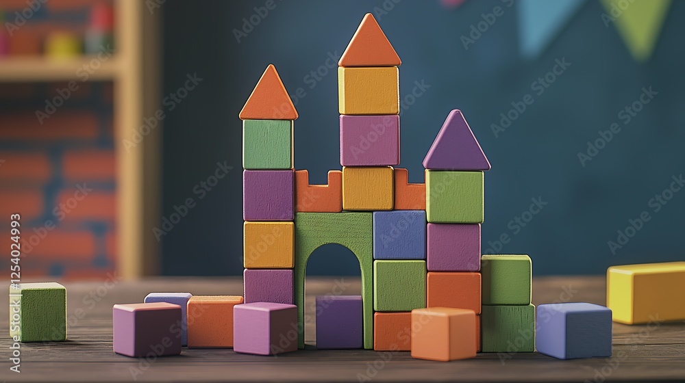 Aufkleber vibrant building blocks arranged in a castle formation with colorful towers and walls on a wooden su
