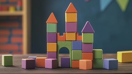 Fototapeta premium Vibrant building blocks arranged in a castle formation with colorful towers and walls on a wooden surface : Generative AI