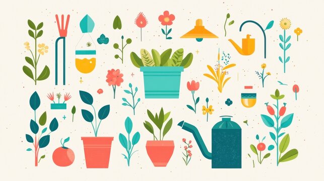 Illustrated gardening tips poster with colorful geometric icons for irrigation and planting