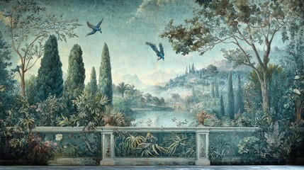 Timeless Roman mural featuring a garden with detailed peacocks, forest landscapes, and botanical illustrations