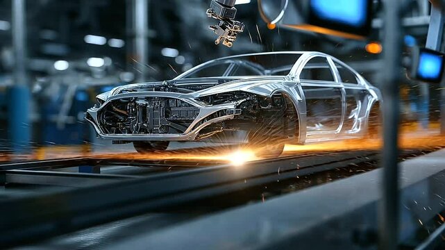 A high-resolution close-up of robotic welding arms fusing metal components on a car body, sparks flying as the frame takes shape in a modern factory.