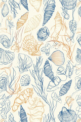 Seashells sea life pattern, blue and gold simple line seamless drawing, white background 