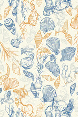 Seashells sea life pattern, blue and gold simple line seamless drawing, white background 