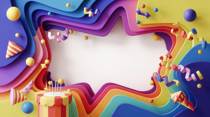 Fototapeta premium Colorful kids birthday card or poster template with blank space in the middle, abstract colorful background with 3d party elements for children