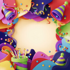 Obraz premium Colorful kids birthday card or poster template with blank space in the middle, abstract colorful background with 3d party elements for children
