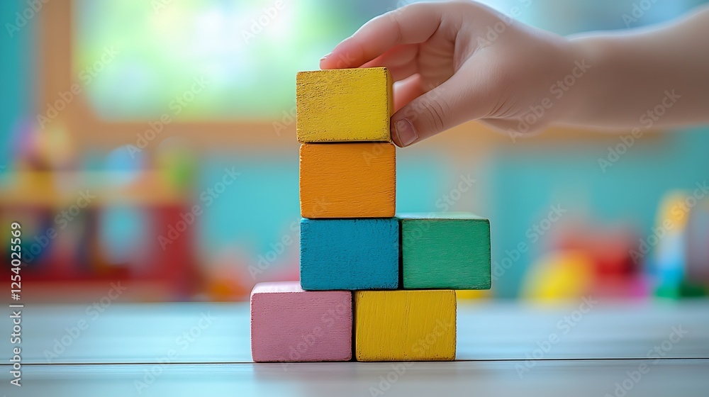 Aufkleber child's hand skillfully placing a bright block atop a colorful stack in a playful indoor environment