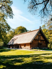 Obraz premium Rustic wooden house surrounded by lush greenery, showcasing traditional architecture and natural beauty, outdoor living concept