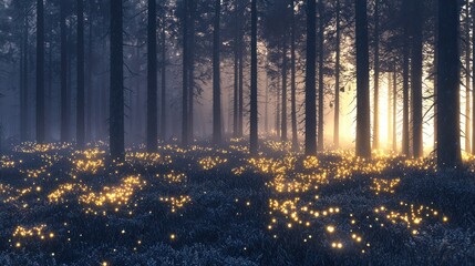 Obraz premium Sunlit enchanted forest, glowing flora, winter scene, fantasy background