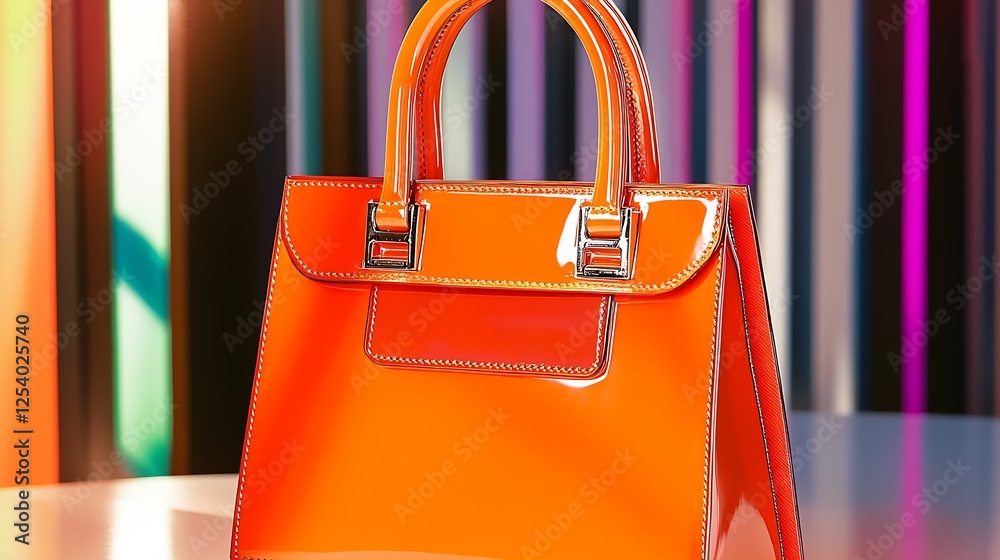 Poster striking orange handbag showcased under colorful lighting to highlight its modern and stylish design