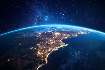 Fototapeta premium Earth's nighttime cityscape, space view, galaxy backdrop, planet, travel