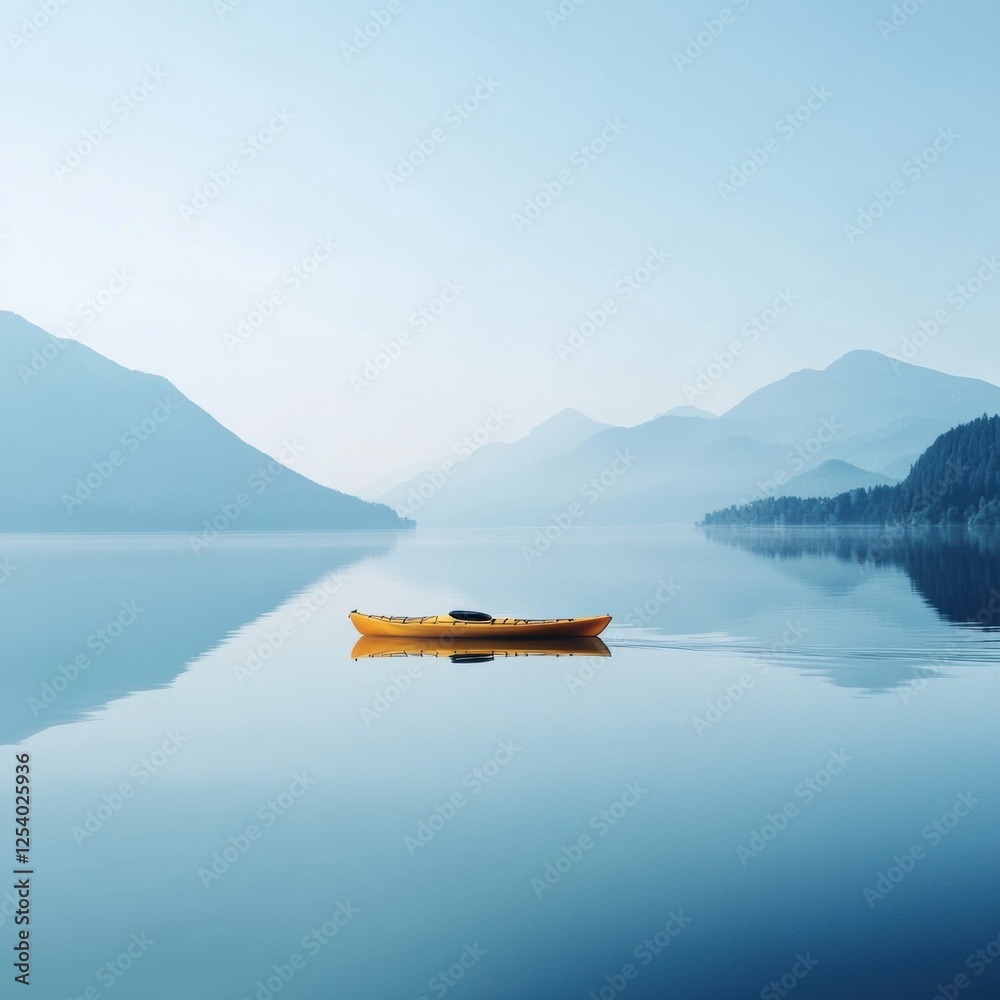 Aufkleber kayak gliding silently across a tranquil mountain lake at dawn with misty peaks surrounding the peac