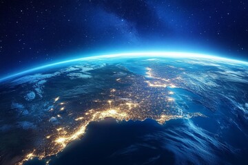 Night Earth, Europe, city lights, space view, galaxy background, planet