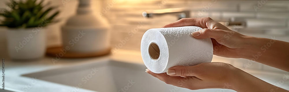 Poster close up view of hands holding a roll of high quality white paper towel in a modern kitchen setting 