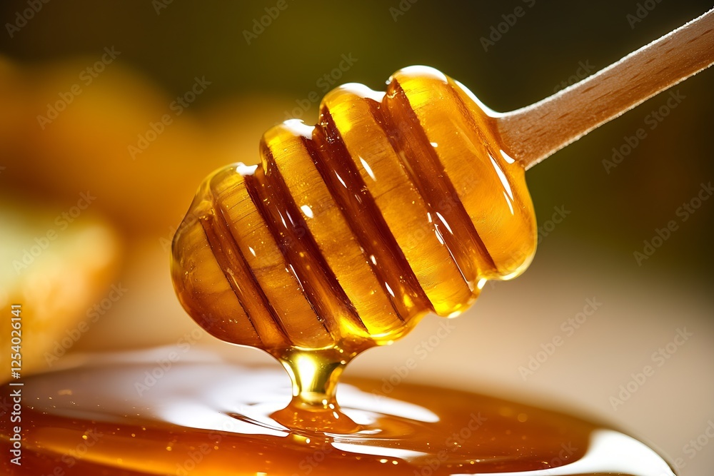 Poster beautiful honey dripping from a wooden dipper against a blurred natural background : generative ai