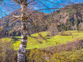 Fototapeta premium bright autumn landscape, view of the Austrian Alps. road to Italy on sunny day.
