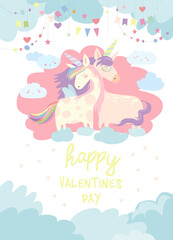 Cute card with fairy unicorns boy and girl in love on clouds. Vector illustration in cartoon style.