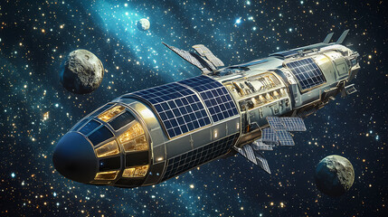 Fototapeta premium Solar cell spaceship with alien artifacts: a spaceship with solar panels discovering ancient alien relics floating in space. Floating Relics. Illustration