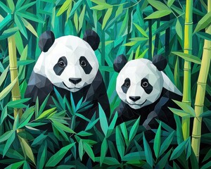 Naklejka premium Illustrated poster pandas with geometric bamboo elements in a serene forest, Swiss design