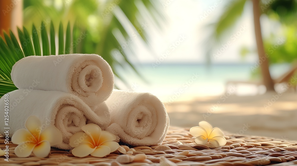 Poster close up of towels and vivid flowers set on a bamboo surface with beach background : generative ai